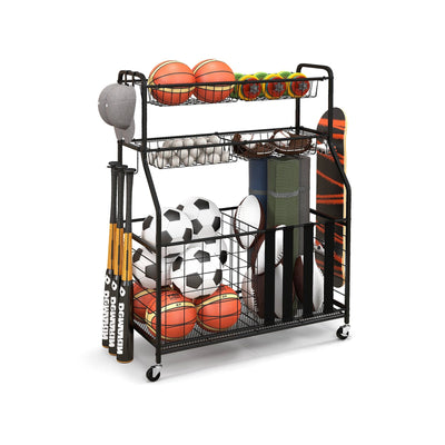 Garage Sports Equipment Organizer with Hooks & Baskets for Basketball-Black