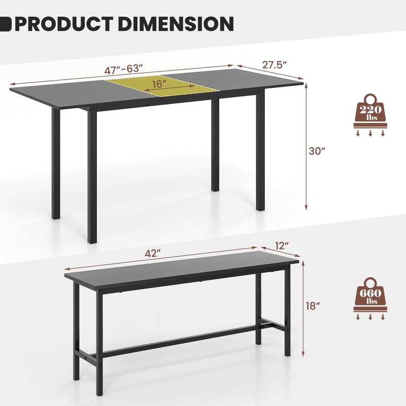 3 Piece Dining Table Set for 4-6 with 2 Benches-Black