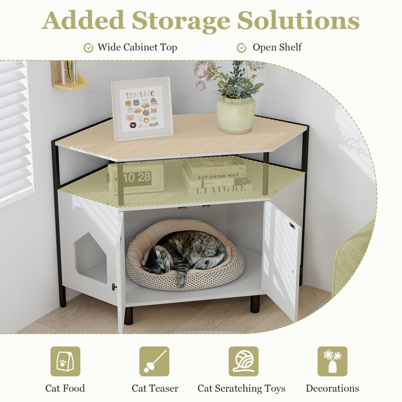 Corner Cat Litter Box Enclosure with Open Shelf 2 Entrances and Metal Legs-White