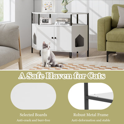 Corner Cat Litter Box Enclosure with Open Shelf 2 Entrances and Metal Legs-White