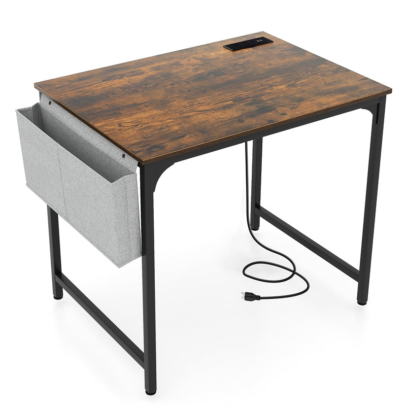 32 Inch Home Office Desk with Charging Station Storage Bag and Headphone Hook-Rustic Brown