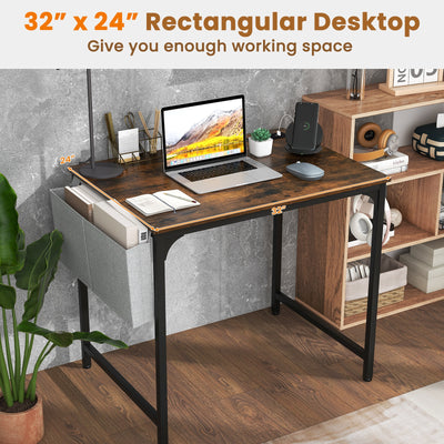 32 Inch Home Office Desk with Charging Station Storage Bag and Headphone Hook-Rustic Brown