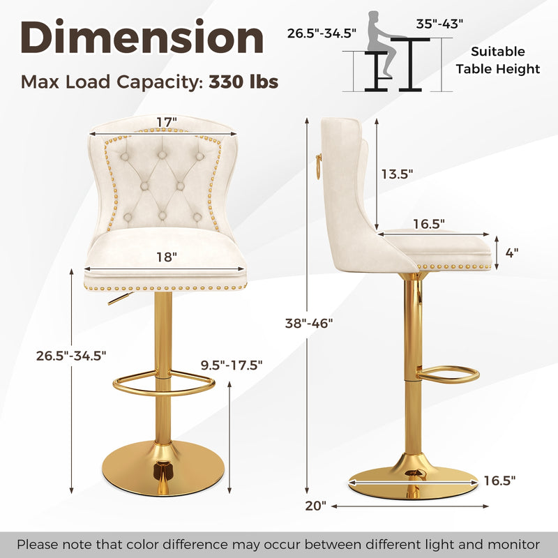 Set of 2 Bar Chairs with Footrest  Electroplated Metal Base and Anti-Slip Ring-Beige