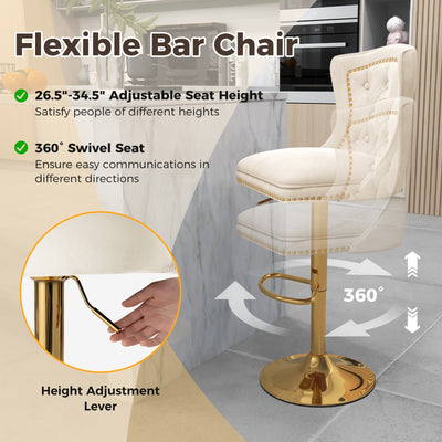 Set of 2 Bar Chairs with Footrest  Electroplated Metal Base and Anti-Slip Ring-Beige