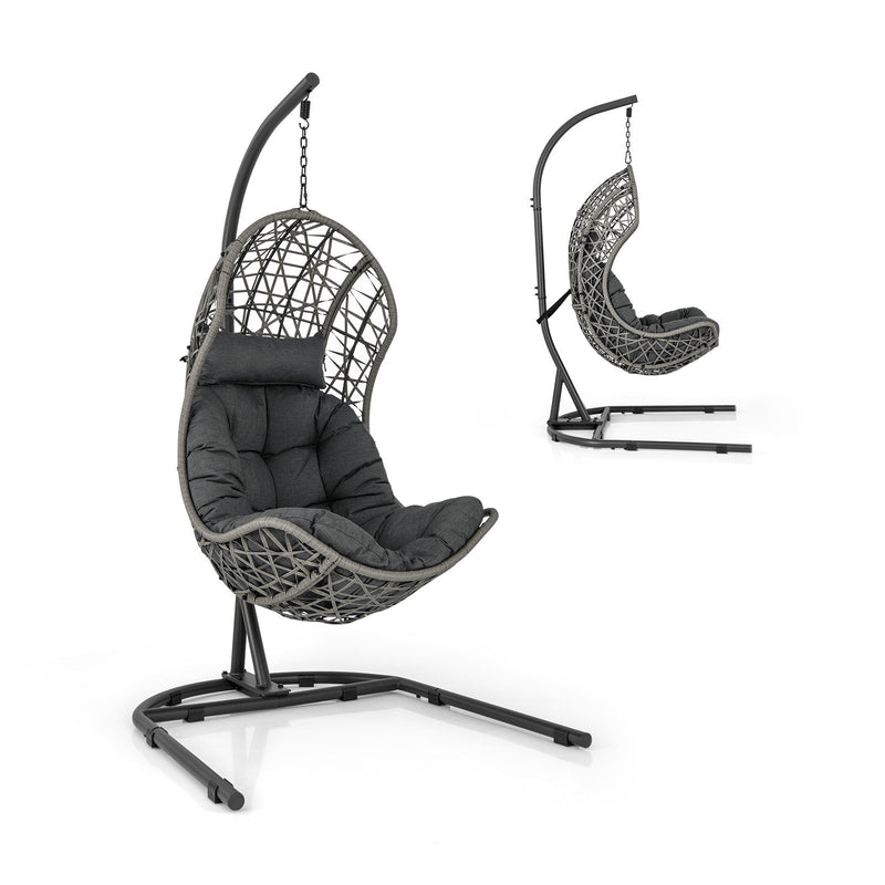 Egg Chair with Stand PE Rattan Swing Hammock Chair with Pillow and Cushion-Gray