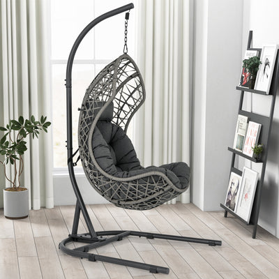 Egg Chair with Stand PE Rattan Swing Hammock Chair with Pillow and Cushion-Gray