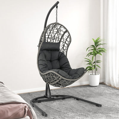 Egg Chair with Stand PE Rattan Swing Hammock Chair with Pillow and Cushion-Gray