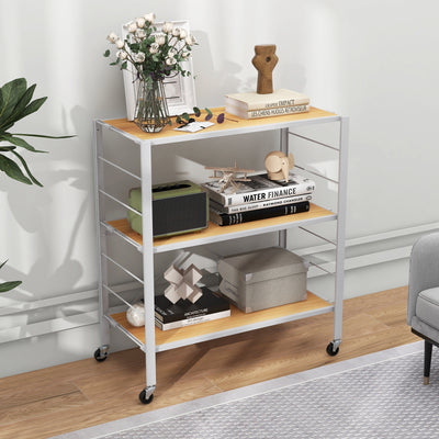 3-Tier Foldable Shelving Unit with Detachable Wheels and Adjustable Shelves-Natural