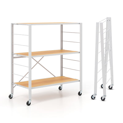 3-Tier Foldable Shelving Unit with Detachable Wheels and Adjustable Shelves-Natural