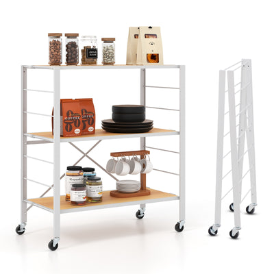 3-Tier Foldable Shelving Unit with Detachable Wheels and Adjustable Shelves-Natural