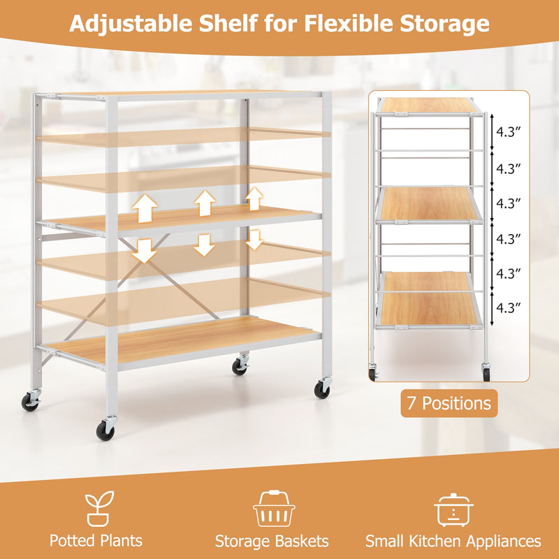 3-Tier Foldable Shelving Unit with Detachable Wheels and Adjustable Shelves-Natural