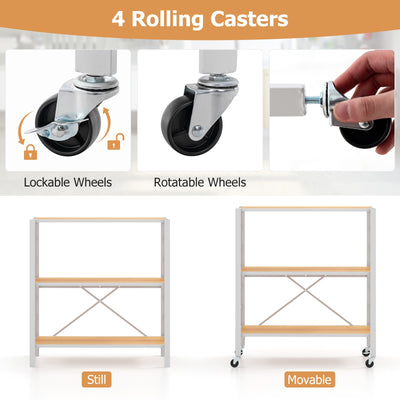 3-Tier Foldable Shelving Unit with Detachable Wheels and Adjustable Shelves-Natural