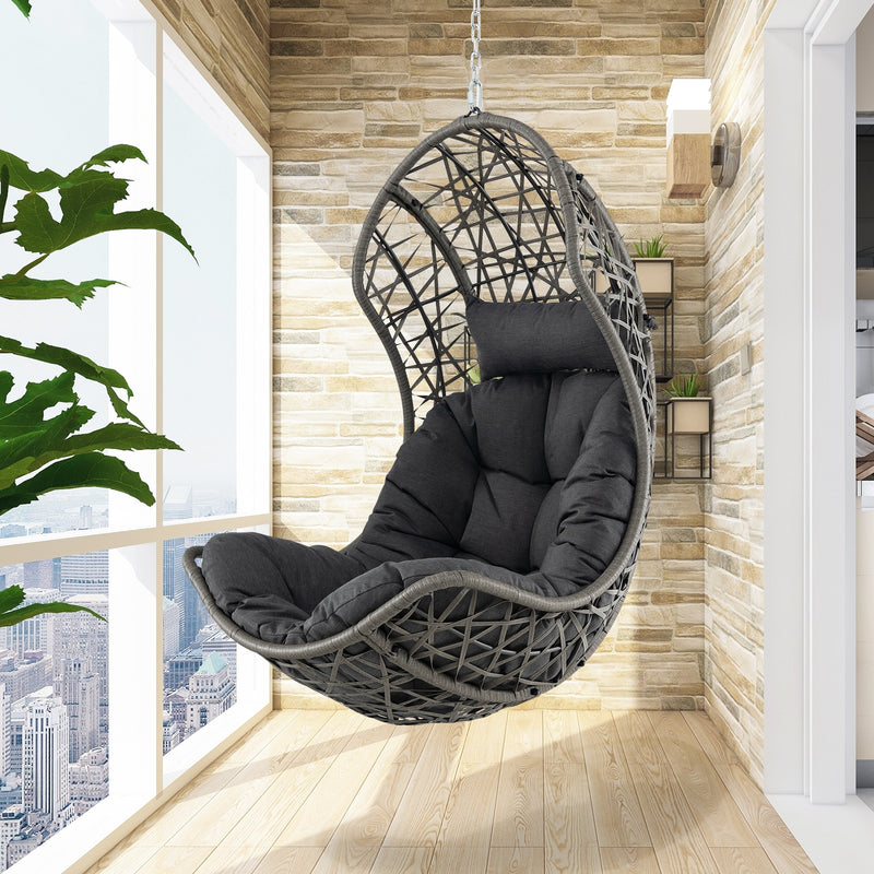 Hanging Egg Chair PE Rattan Swing Hammock Chair with Soft Pillow and Cushion-Gray