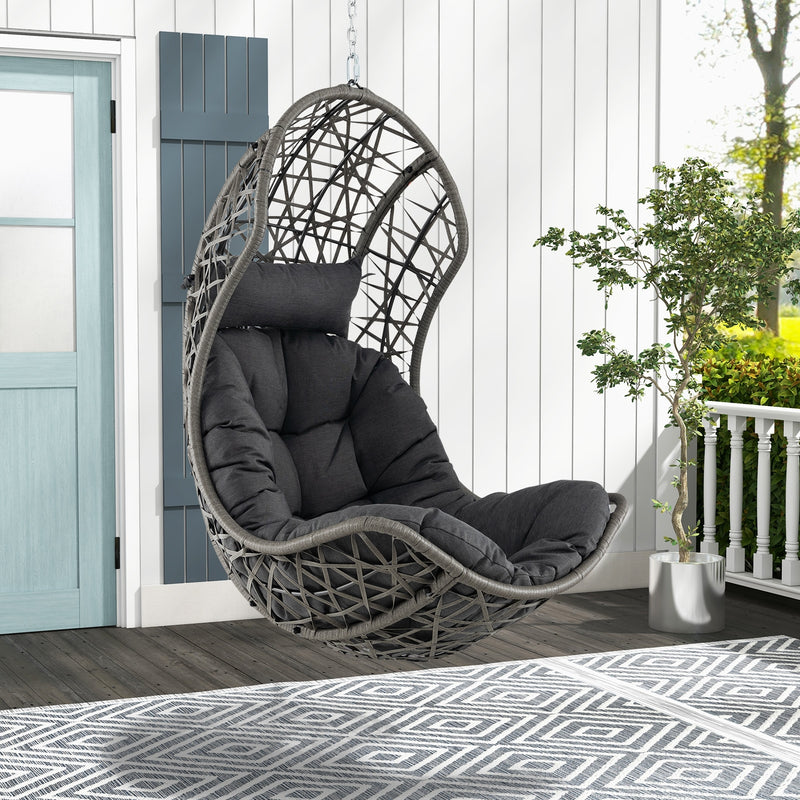 Hanging Egg Chair PE Rattan Swing Hammock Chair with Soft Pillow and Cushion-Gray