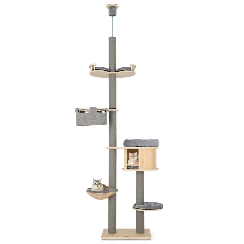 6-tier Floor-to-Ceiling Cat Tree 100-110 Inches Adjustable Height-Natural