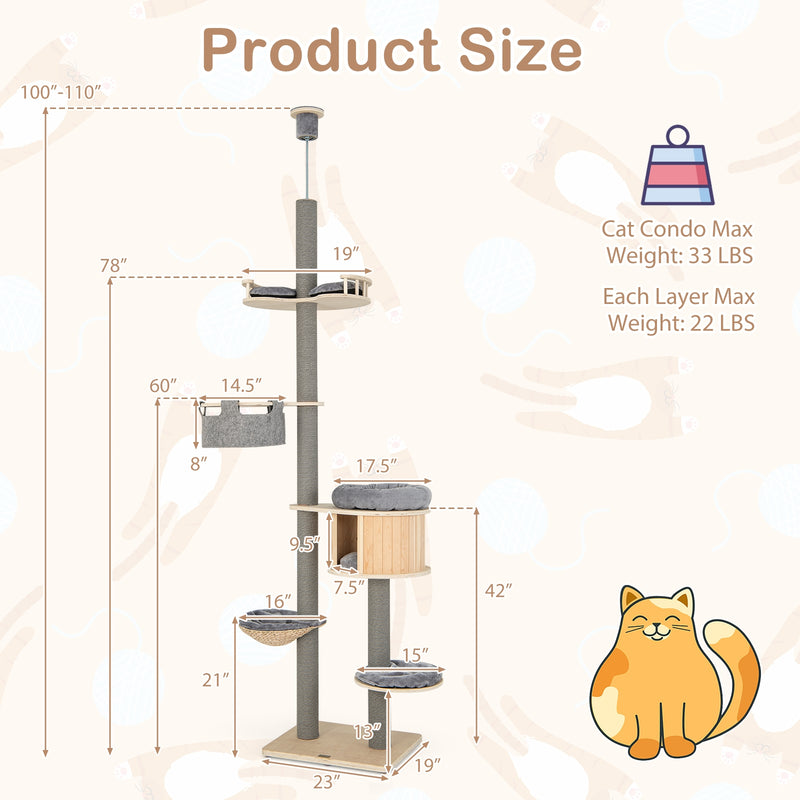 6-tier Floor-to-Ceiling Cat Tree 100-110 Inches Adjustable Height-Natural