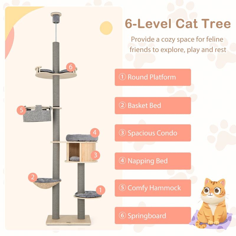 6-tier Floor-to-Ceiling Cat Tree 100-110 Inches Adjustable Height-Natural