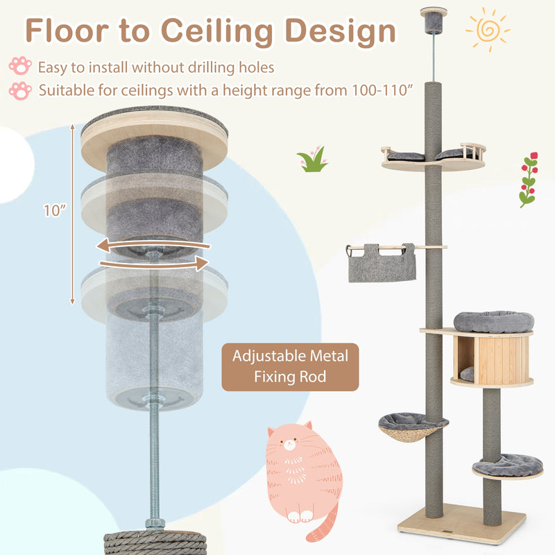 6-tier Floor-to-Ceiling Cat Tree 100-110 Inches Adjustable Height-Natural