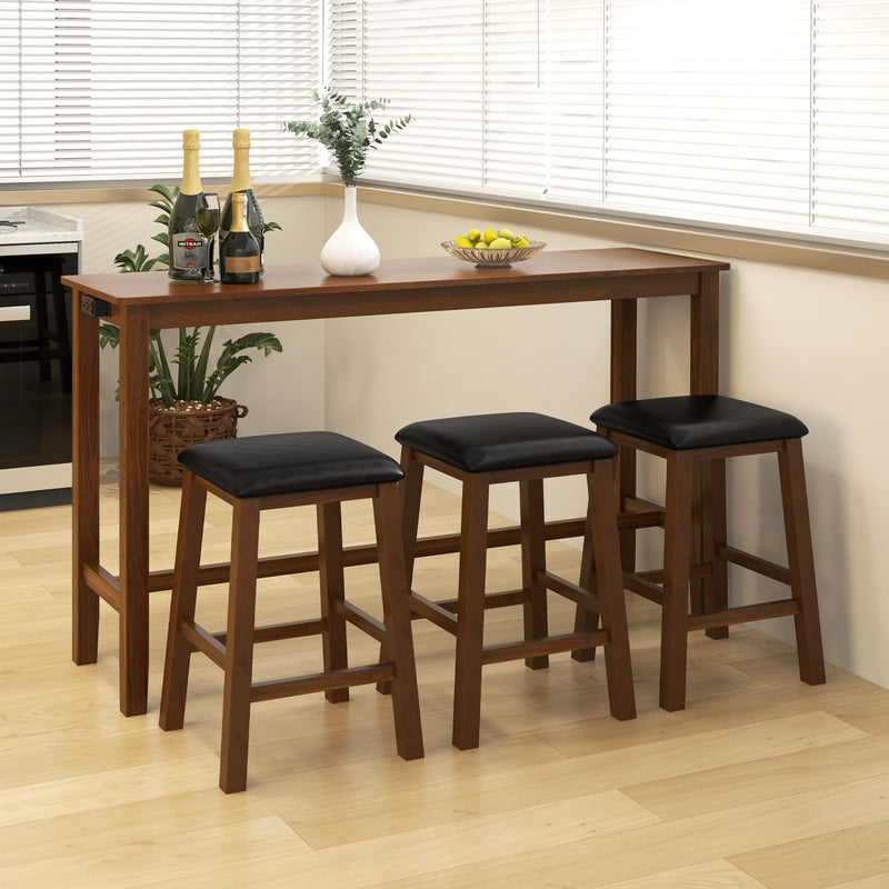 4-Piece Bar Table Set Counter-Height Table and 3 PVC Leather Upholstered Bar Stools-Brown