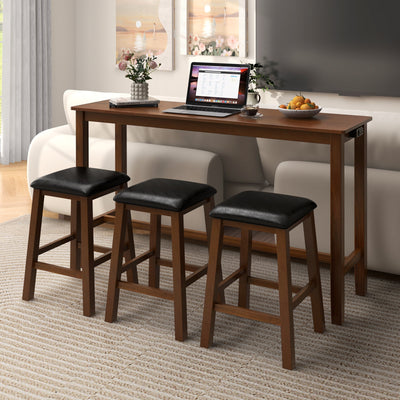 4-Piece Bar Table Set Counter-Height Table and 3 PVC Leather Upholstered Bar Stools-Brown