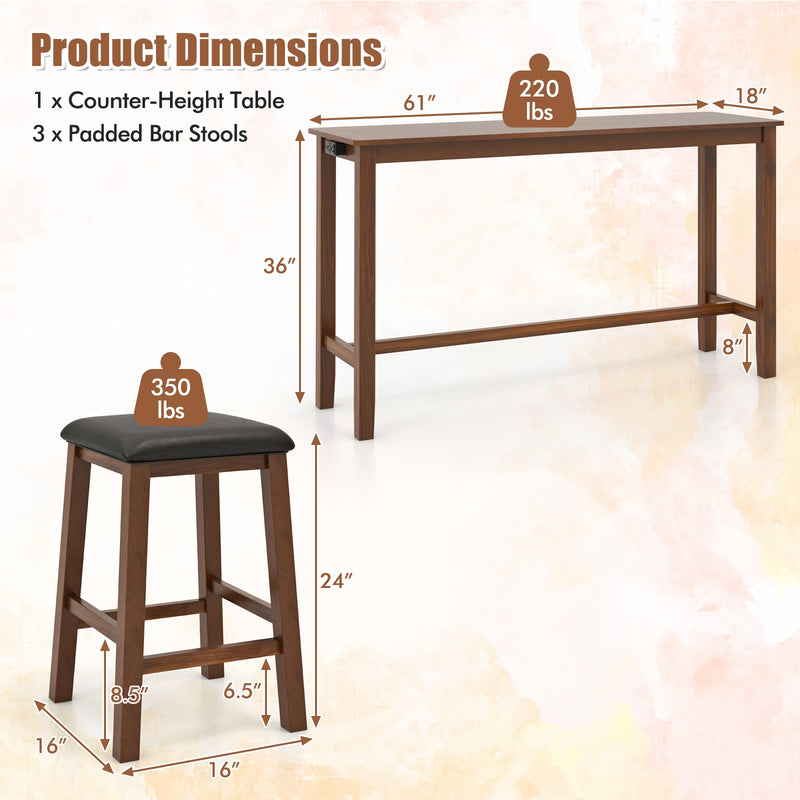 4-Piece Bar Table Set Counter-Height Table and 3 PVC Leather Upholstered Bar Stools-Brown