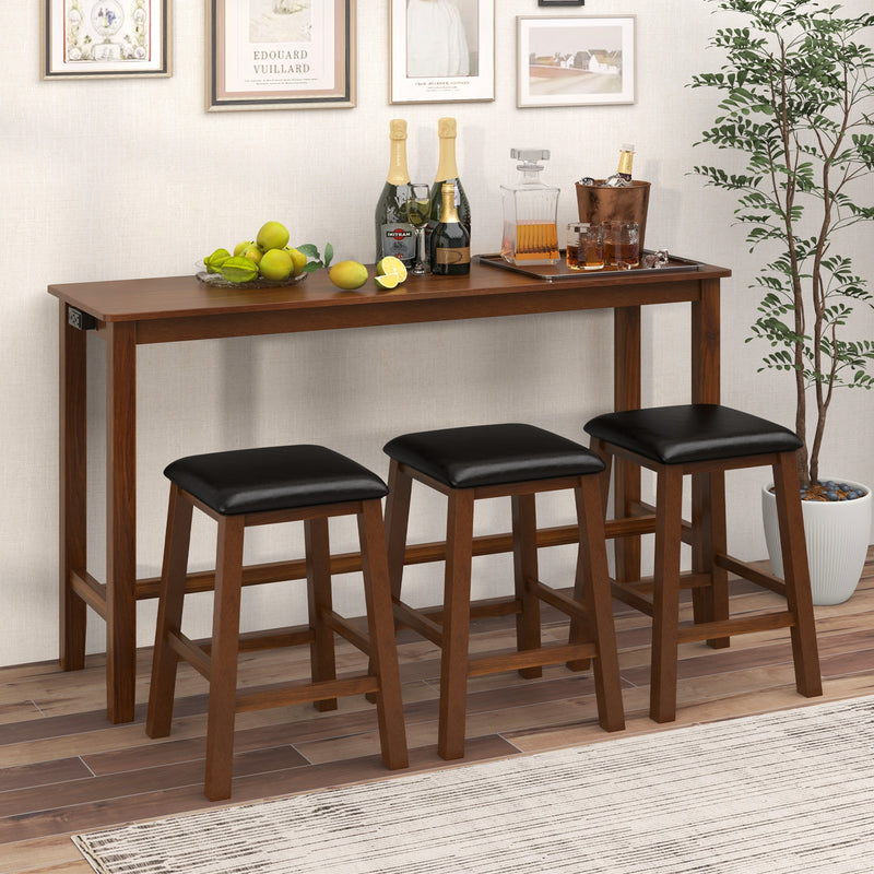 4-Piece Bar Table Set Counter-Height Table and 3 PVC Leather Upholstered Bar Stools-Brown