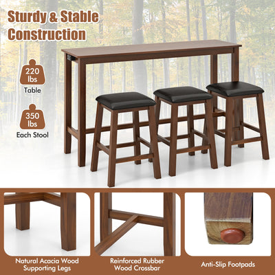 4-Piece Bar Table Set Counter-Height Table and 3 PVC Leather Upholstered Bar Stools-Brown