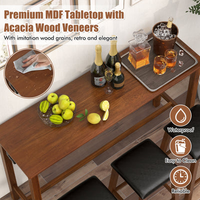 4-Piece Bar Table Set Counter-Height Table and 3 PVC Leather Upholstered Bar Stools-Brown