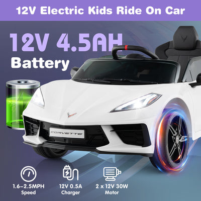 12V Electric Kids Ride On Car Licensed Chevrolet Corvette C8 with Remote Control Ages 3+ Years Old-White