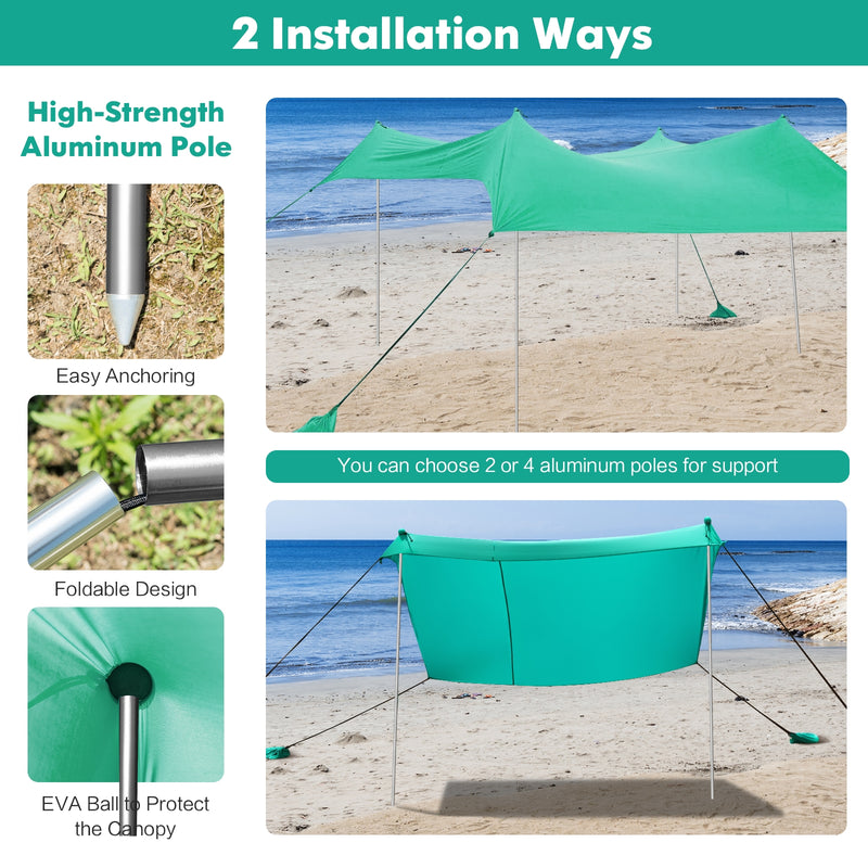 10 Foot Ride 9 Foot Family Beach Tent Canopy Sunshade with 4 Poles-Green