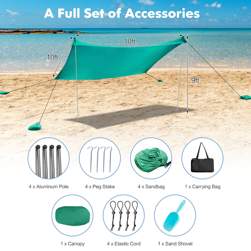 10 Foot Ride 9 Foot Family Beach Tent Canopy Sunshade with 4 Poles-Green