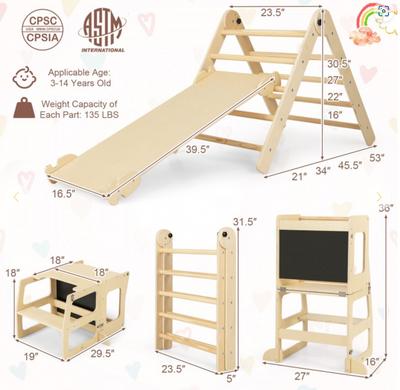 backordered - *7-in-1 Toddler Climbing Toy Connected Table and Chair Set for Boys and Girls Aged 3-14 Years Old - Natural