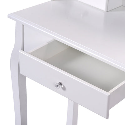 Vanity Table Set with Cushioned Stool with 360° Rotating Oval Mirror and Three Drawers-White