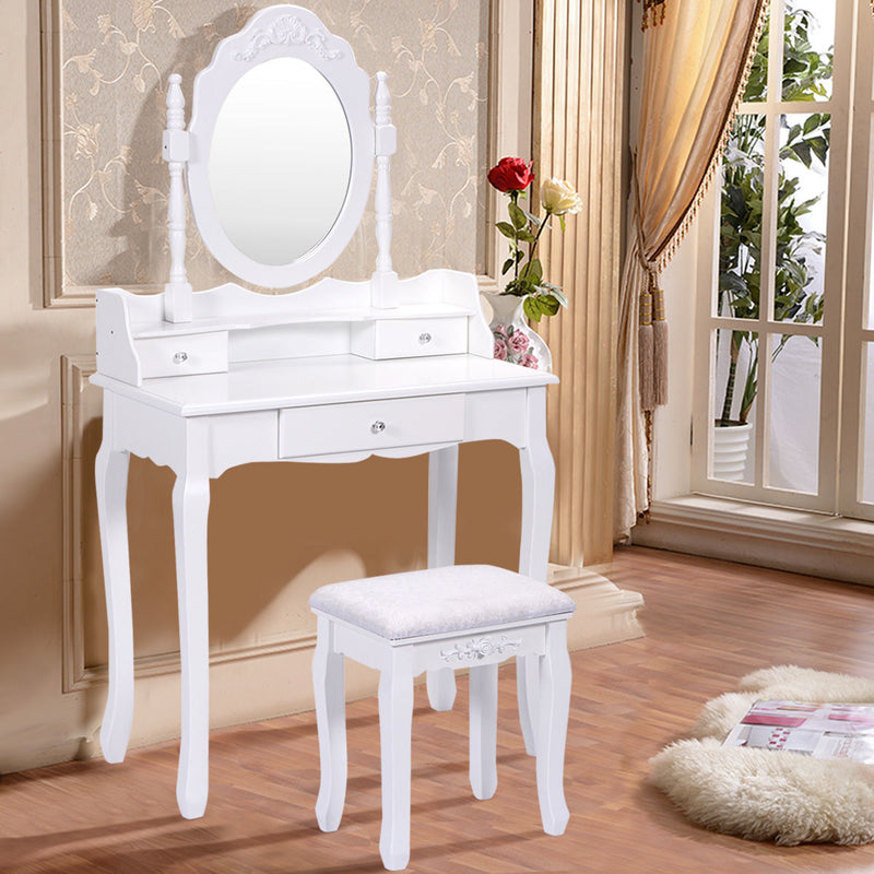 Vanity Table Set with Cushioned Stool with 360° Rotating Oval Mirror and Three Drawers-White