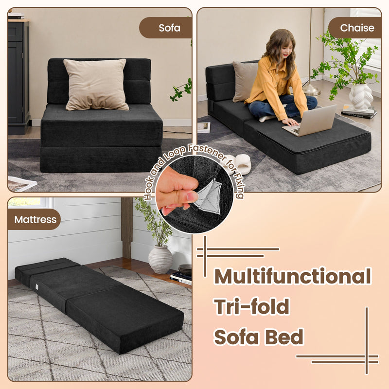 Tri-Fold Folding Chair Convertible Sleeper Bed-Black