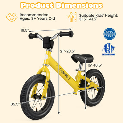 12 Inch Toddler Balance Bike with Height Adjustable Handlebar and Seat-Yellow