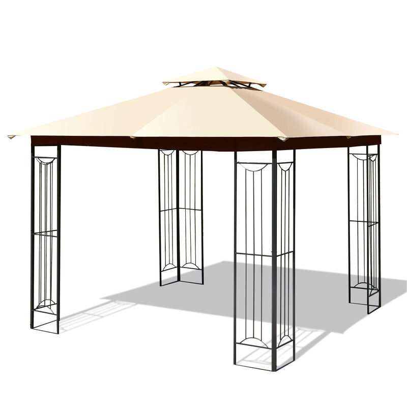 10 x 10 Feet L-Shaped Patio Canopy Gazebo Outdoor 2-Tier Steel Tent-Beige - Relaxacare