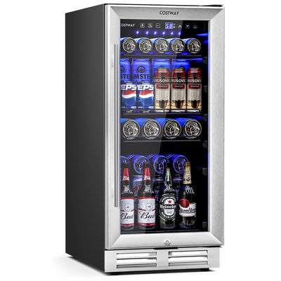 15 Inch 100 Can Built-in Freestanding Beverage Cooler Refrigerator with Adjustable Temperature and Shelf-Silver - Relaxacare