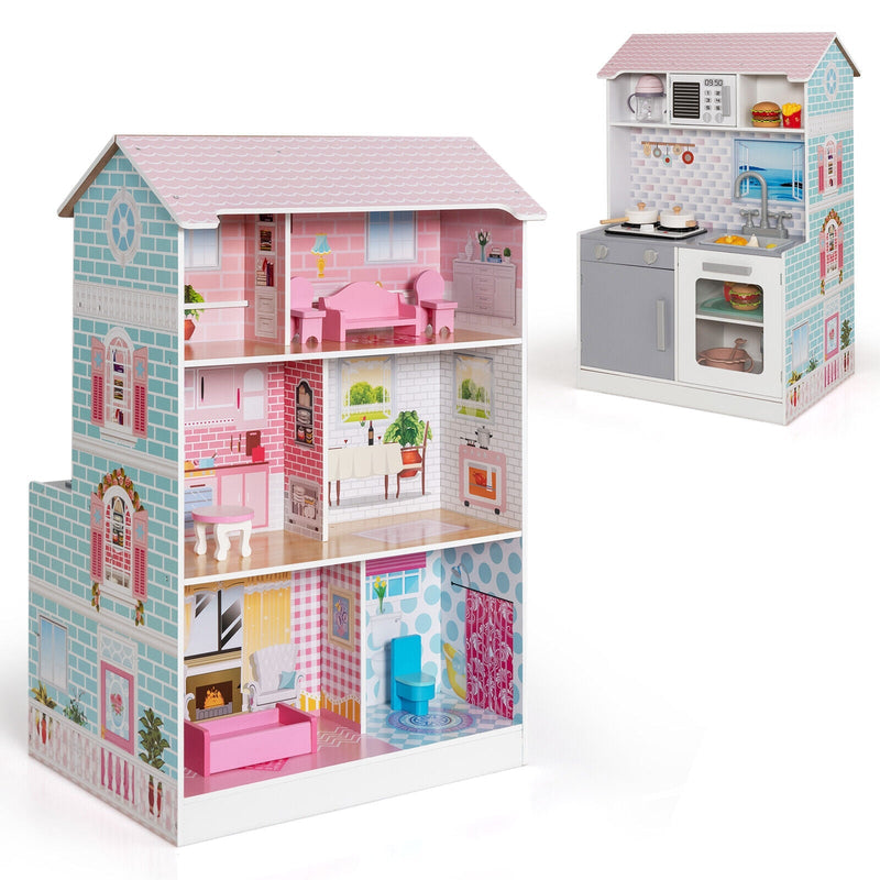 2-In-1 Double Sided Kids Kitchen Playset and Dollhouse with Furniture - Relaxacare