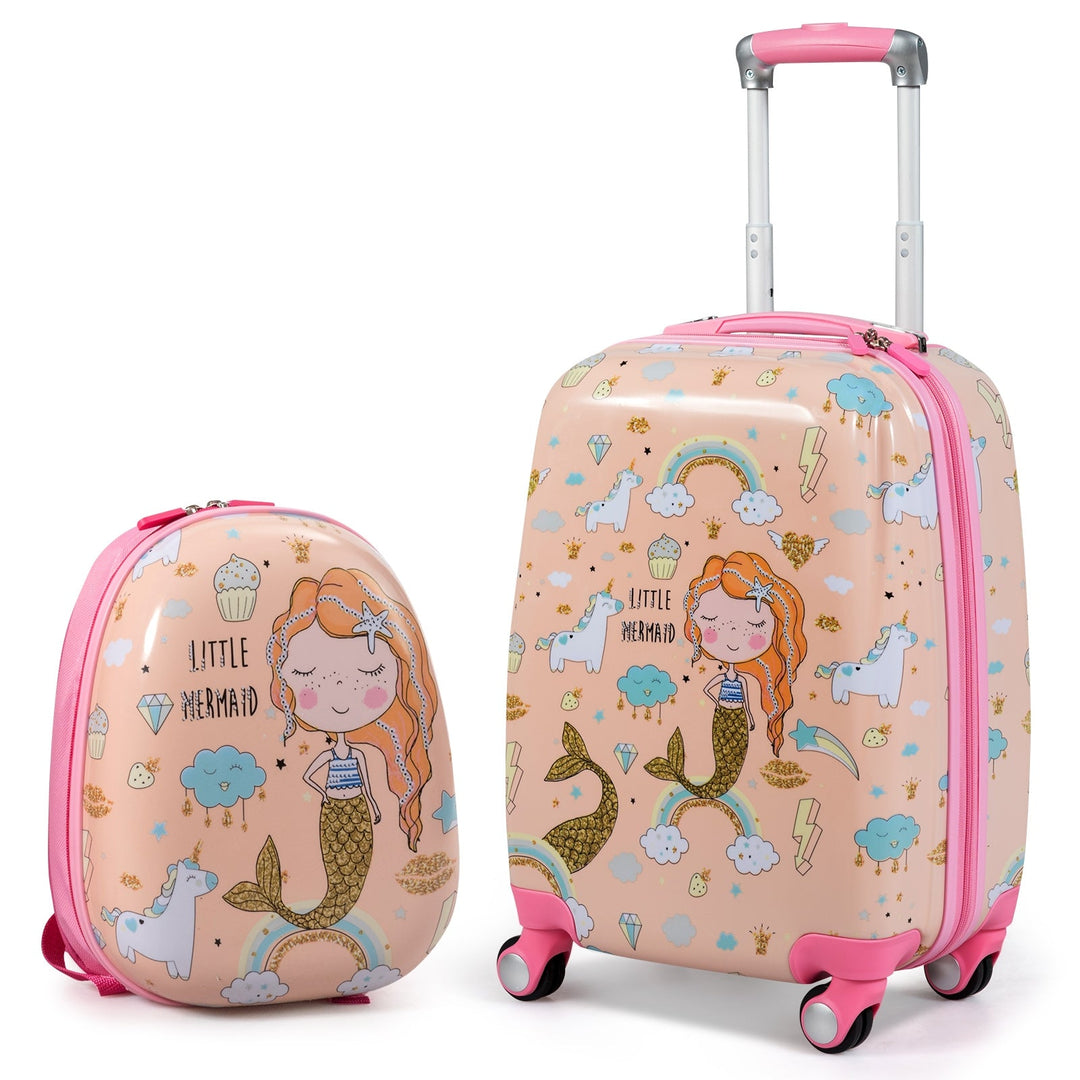 2 Pieces Kids Luggage Set Rolling Suitcase and Backpack Pink costway