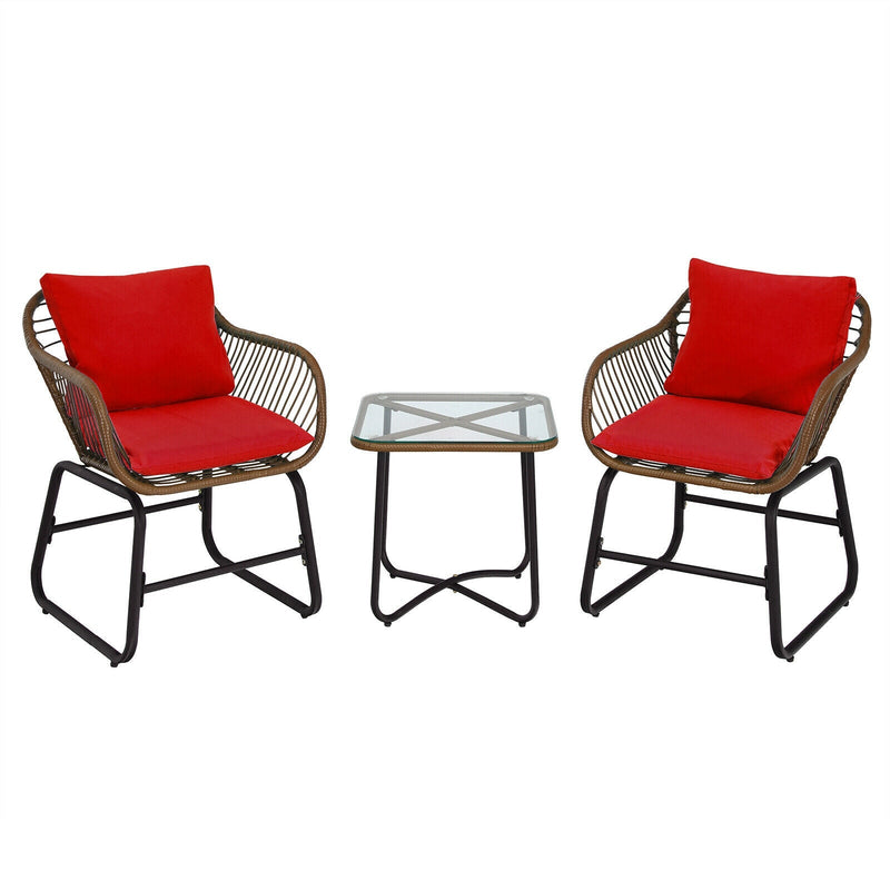 3 Pieces Patio Rattan Bistro Set with Cushions and Glass Table-Red - Relaxacare