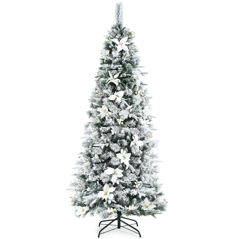 5/6/7/8 Feet Snow Flocked Christmas Tree with Berries and Poinsettia Flowers - Relaxacare