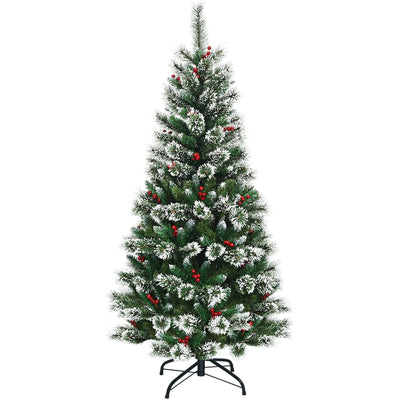 6 Feet Snow Flocked Artificial Christmas Hinged Tree with Red Berries - Relaxacare