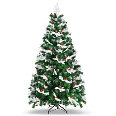 6/7 Feet Unlit Snowy Christmas Tree with Mixed Tips and Red Berries - Relaxacare