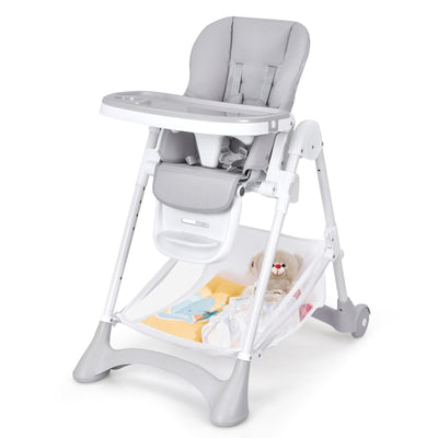 Baby Convertible Folding Adjustable High Chair with Wheel Tray Storage Basket -Gray - Relaxacare