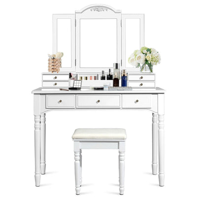 Makeup Dressing Table with Tri-Folding Mirror and Cushioned Stool for Women - Relaxacare