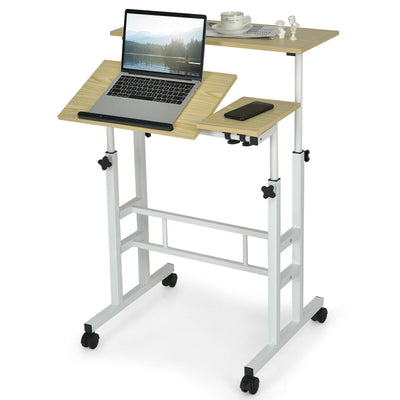 Mobile Standing up Desk Adjustable Computer Desk Tilting Workstation-Natural - Relaxacare