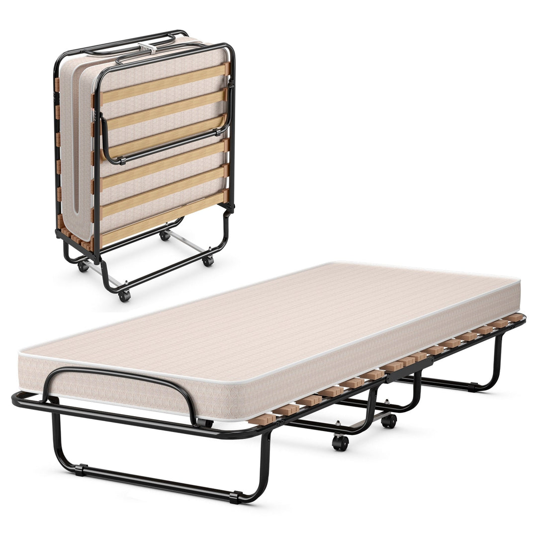 Portable Folding Bed with Memory Foam Mattress and Sturdy Metal Frame Made in Italy Beige