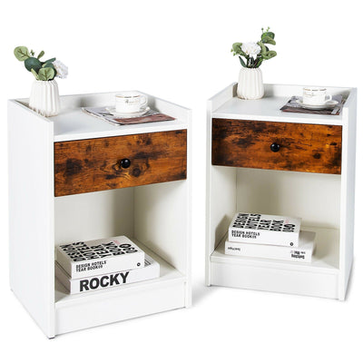 Set of 2 Nightstand with Drawer Cabinet End Side Table Raised Top-White - Relaxacare