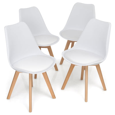 Set of 4 Dining Chairs Mid-Century Modern Shell PU Seat with Wooden Legs-White - Relaxacare